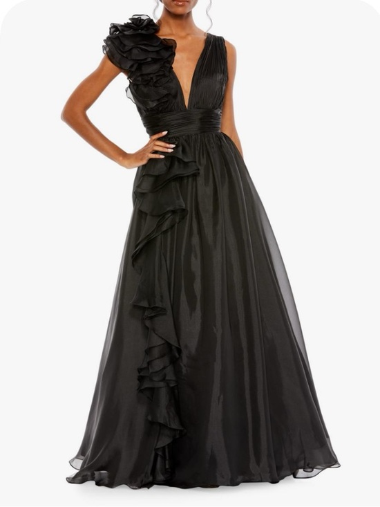 Mac Duggal Dresses & Skirts - Mac Duggal Black V-Neck Rosette Shoulder Chiffon Gown